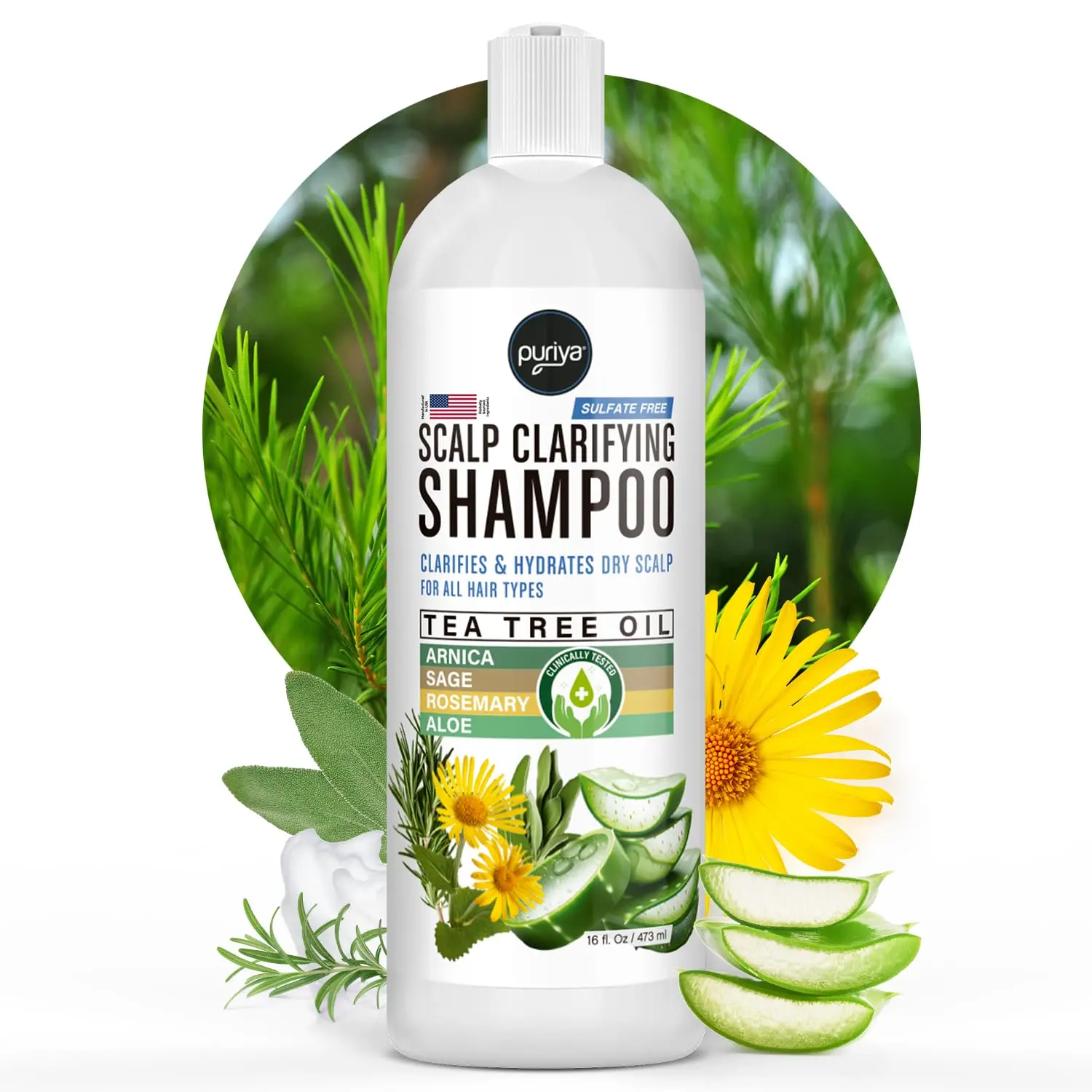 Puriya Scalp Clarifying Shampoo with Tea Tree Oil Arnica Sage & Rosemary for Dry Scalp Hydration & Strengthening Gentle Daily Use Sulfate-Free Natural Formula Made in USA Conditioner Haircare