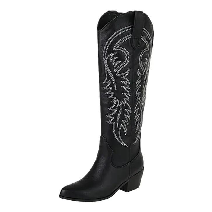 Women's Western Embroidery Cowboy Boots, Chunky Block Heel, Almond-Pointed Toe, Mid-Calf to Knee-High PU Leather Booties with PU Leather Upper, Shoe, Footwear, Leather & Faux Leather
