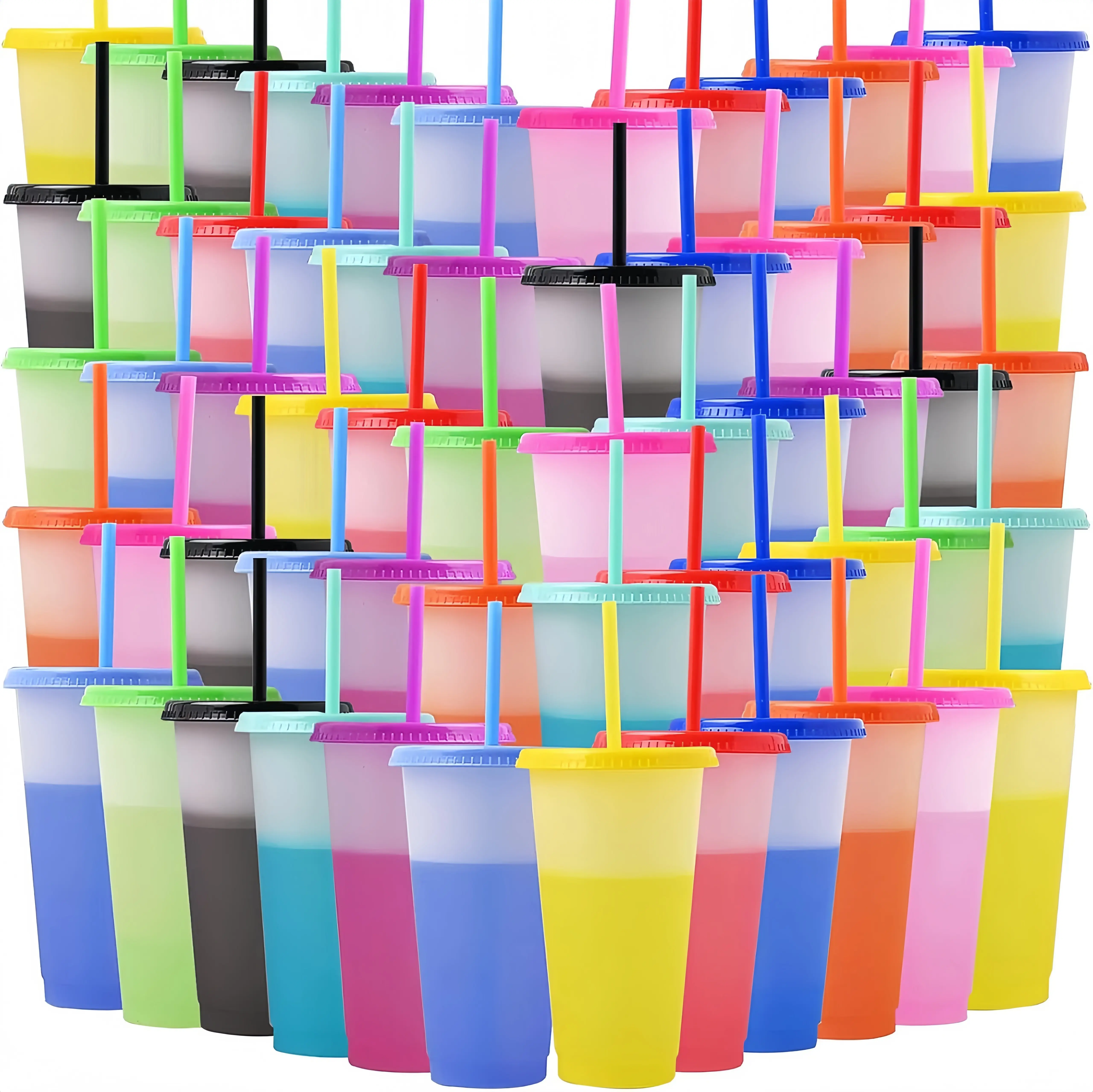 10-Pack Reusable Plastic Tumblers Bulk, 24 oz Modern Color Changing Drinkware with Lids & Straws, Travel Mugs for Birthday, Camping, Music Festivals (Iced Beverages, Water, Smoothie, Coffee)
