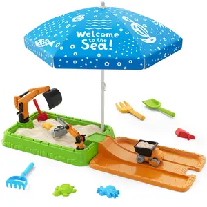 Sandbox with Lid, Dirt Digger Excavator Sand Box with Cover, Kids Sand Pit with Construction Toys/Umbrella/Beach Toys for Toddler 3-5, Sensory Kit Summer Gifts for Indoor Outdoor Backyard, Green/Purple