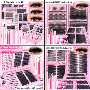 17 Counts Eyelash Extensions, Eyelash Set, Upper/Lower Eyelash, Clusters Lashes, Beauty Eyelash Clusters, DIY Lash Extension with 2 Glue, 2 Tweezers, 5 Brushes, 2 Removers, D Curl Individual Lashes Extensions, Soft Reusable Cluster Lash Extension