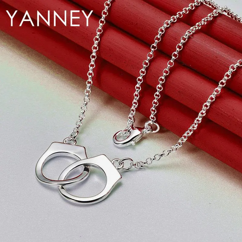 Simple Handcuff Charm Necklace in 925 Sterling Silver, 18" Long Unisex Hip Hop Jewelry for Party