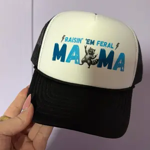 Raisin' Em Feral Mama Trucker Hat - White & Black Mesh Cap with Bold Design