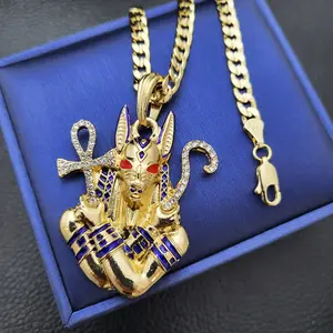 MaxBling81 Egypt Anubis God Pendant with 14K Stamped 5mm Cuban Chain (20" or 24"), Hip Hop Style Religious High-End Fashion Jewelry Necklace