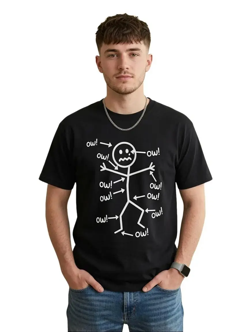 Men's Casual Cotton Printed Sarcastic Humor Unisex Shirts, Funny Meme Stick Arrows Vintage Design, Ow Ow Ow Stick Character Figure Humor Chronic Pain Awareness, Perfect Humorous, Meswear Top, Streetwear
