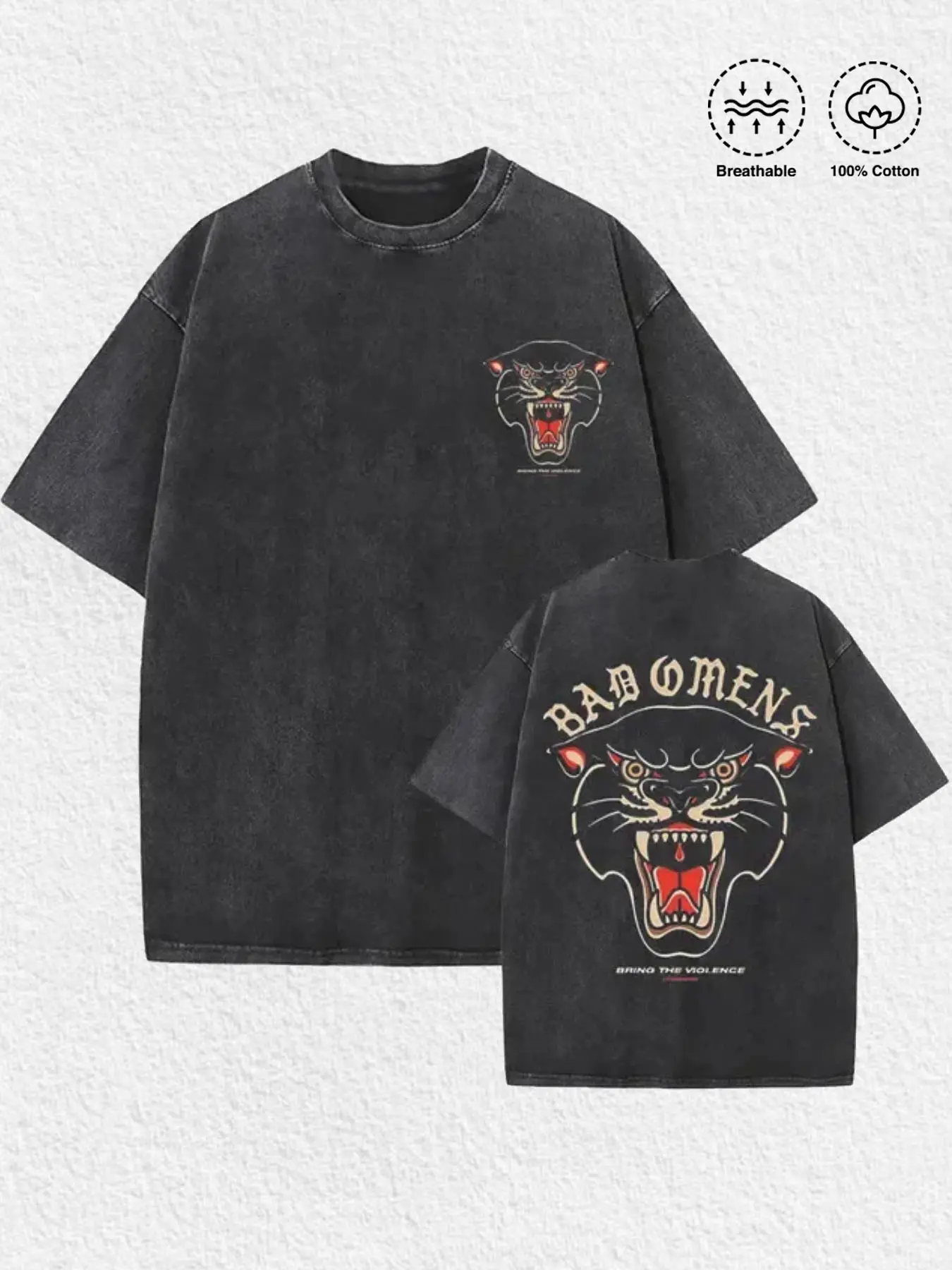 1 PCS Bad Omens Bring The Violence Front Small Panther Head & Back Vintage Traditional Tattoo Panther Distressed Graphic Print, Retro Metal Band Streetwear, Breathable Unisex Tee For Metal Rock Concert Fans