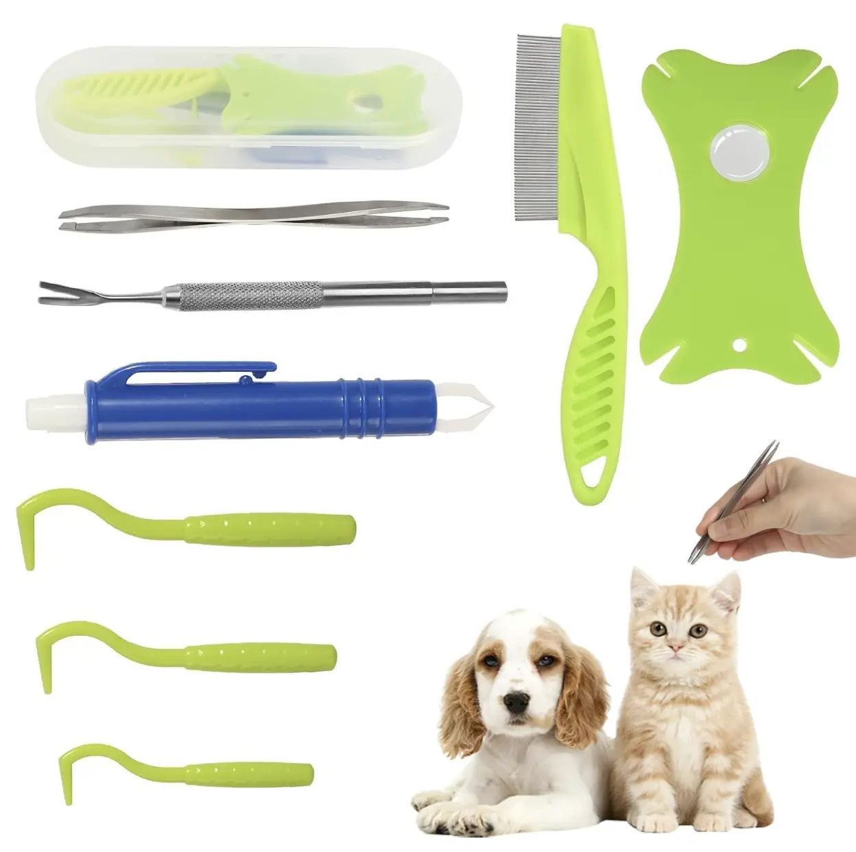 8Pcs Tick Removal Tool Kit for Dogs & Cats with Flea Comb, Magnifying Glass & Storage Box Stainless Steel Pet Tick Remover Set