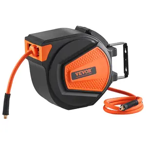 【fathersdaygift】VEVOR Retractable Air Hose Reel, 3/8 IN x 50 FT Hybrid Air Hose Max 300PSI, Air Compressor Hose Reel with 5 In Lead in, Ceiling / Wall Mount Enclosed Air Reel, 180° Swivel Mount