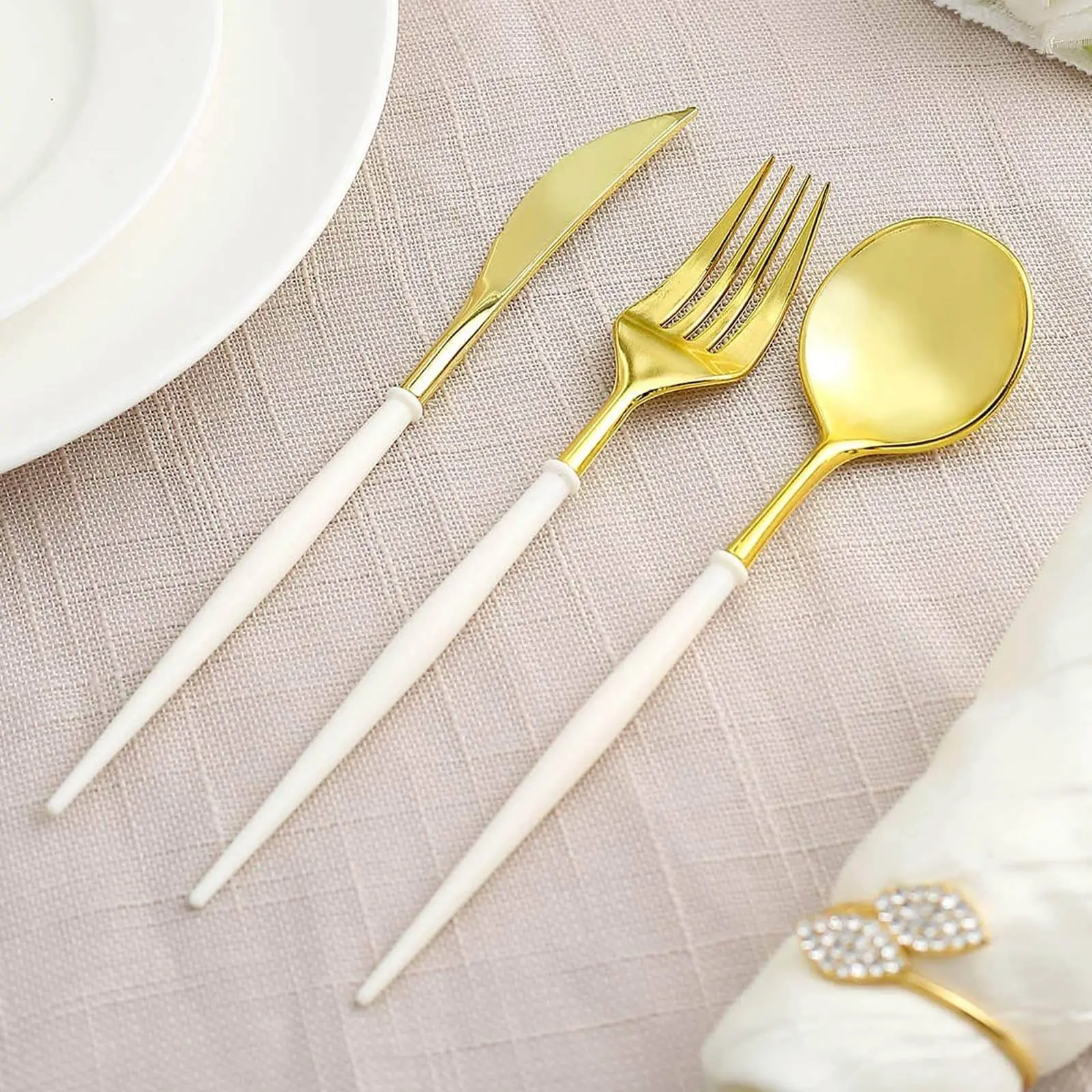 Adult 24-Pack Heavy Duty Plastic Disposable Metallic Gold Cutlery Set - Ivory Handles, 8" Modern Tableware Sets for Holiday Party Supplies, Includes Fork, Knife, Spoon