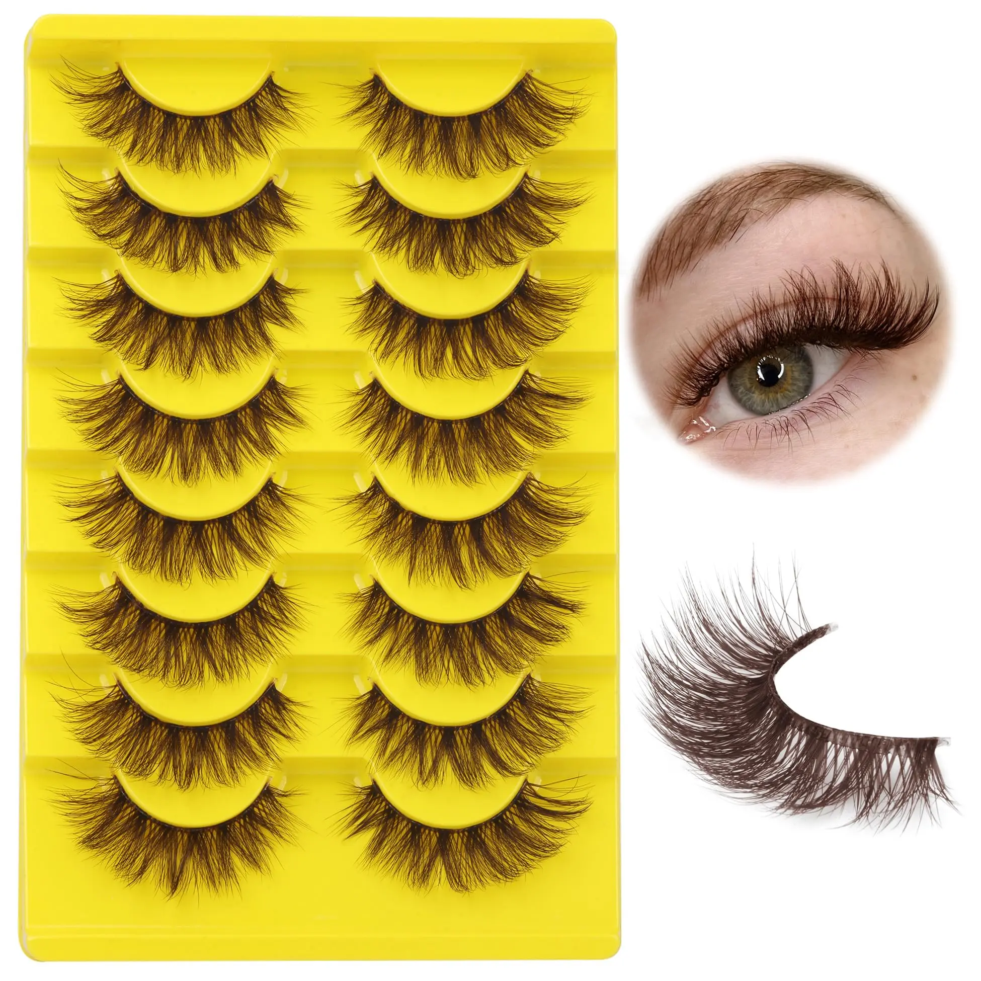 Brown Lashes False Lashes Natural Look Eyelashes Cat Eye Faux Mink Lashes with Clear Band Wispy Fake Eyelashes Lash Strips 8 Pairs