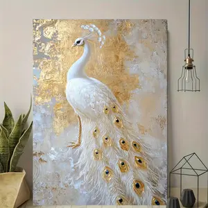 1 Piece White Peacock Gold Background Wooden Frame Canvas Wall Art - Modern Abstract Design Retro Minimalist Style Decoration, Indoor Decoration, Printed Poster, Home Office Decoration Suitable for Living Room, Bedroom, Vintage Peacock