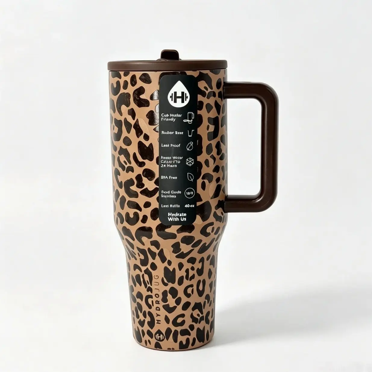 Hydrojug 40oz Leopard Print Tumbler With Handle Straw Lid | 24 Hours Cold Insulation, Leak Proof Cup Holder Friendly Travel Water Mug For Car Gym Office Camping