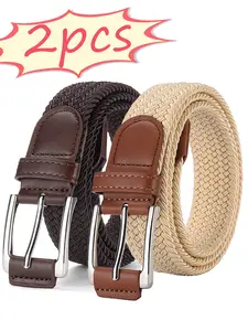 2pcs Men's Elastic Braided Belt, Casual Dress Belt, Durable Belts, Durable Business Casual Waistband, Plain PU Material, All Seasons, Versatile for Pants and Jeans