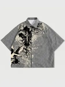 Men's Plaid Blouse, Casual Loose-Fitting Short Sleeve Shirt, Graphic Print, Minimalist Style, Comfortable Outdoor Wear