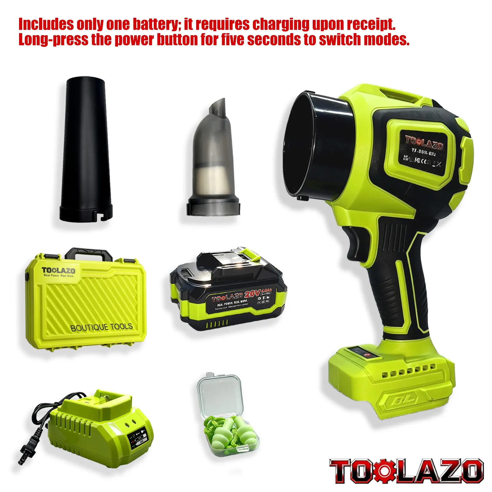 TOOLAZO 20V Cordless Rechargeable Lithium-ion 2-in-1 Blower & Vacuum Cleaner, 4.0Ah Battery with Fast Charging, 10000 RPM, 3-Speed Modes, Portable Handheld Blower for Outdoor & Indoor Cleaning (Cells Included), Lightweight Blower