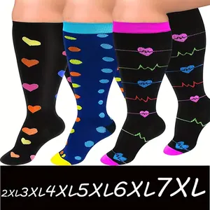 3-Pair Men's and Women's Plus Size 2XL 3XL 4XL 5XL 6XL 7XL Split-Toe Heart Dot Compression Socks, Athletic Calf Socks, Segmented Pressure Socks for Valentine's Day, Couples' Sports, New Year's Gift