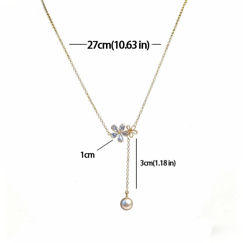 Gold Flower Pearl Zircon Lariat Necklace -  Summer Daily Wear Dainty Jewelry accessories