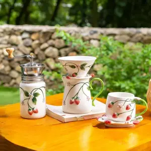 Rustic Strawberry Ceramic Hand Crank Coffee Grinder, Home Pour over Coffee Funnel, Milk Jug, Coffee Cup & Saucer Set Series