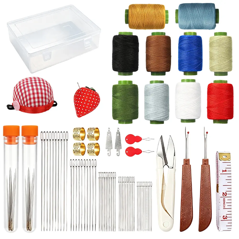 75 Pcs Sewing Tool Set, 3000 Yard | Big eye steel needles, 10 thread rolls, strawberry pin cushion, denim hand repair for beginner portable travel craft