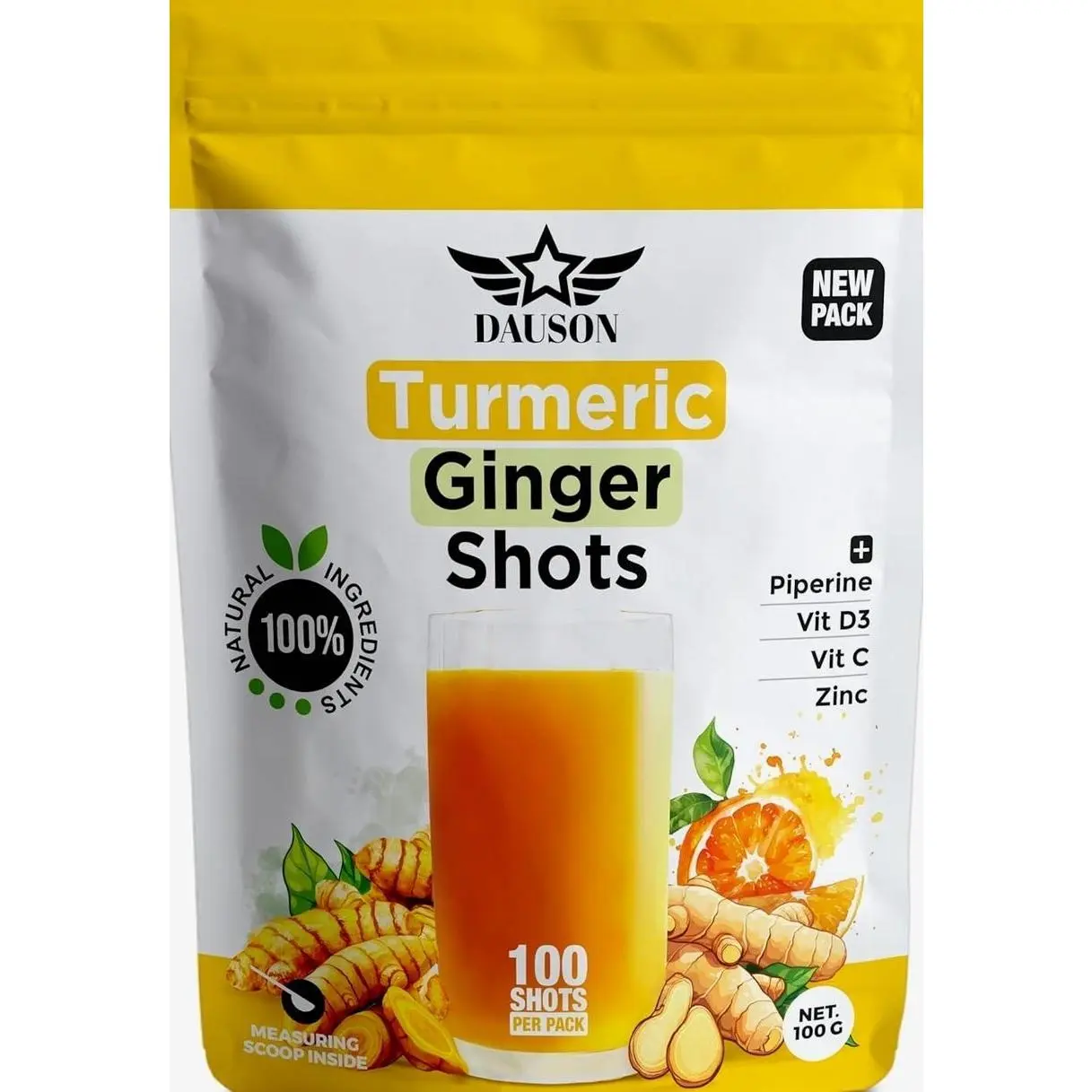 Turmeric Ginger Supplements with Piperine, Vitamin C, Vitamin D3 & Zinc | 100 Servings of Ginger Turmeric Shots for Joint, Heart, Brain, Gut & Skin Health | Ayurved | Powder