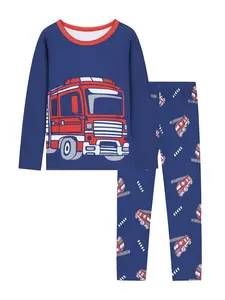 Boys' Fire Truck Print 2-Piece Set, Spring & Fall Thin Round Neck Long Sleeve Pajamas, Casual Home Wear, Cartoon Pattern