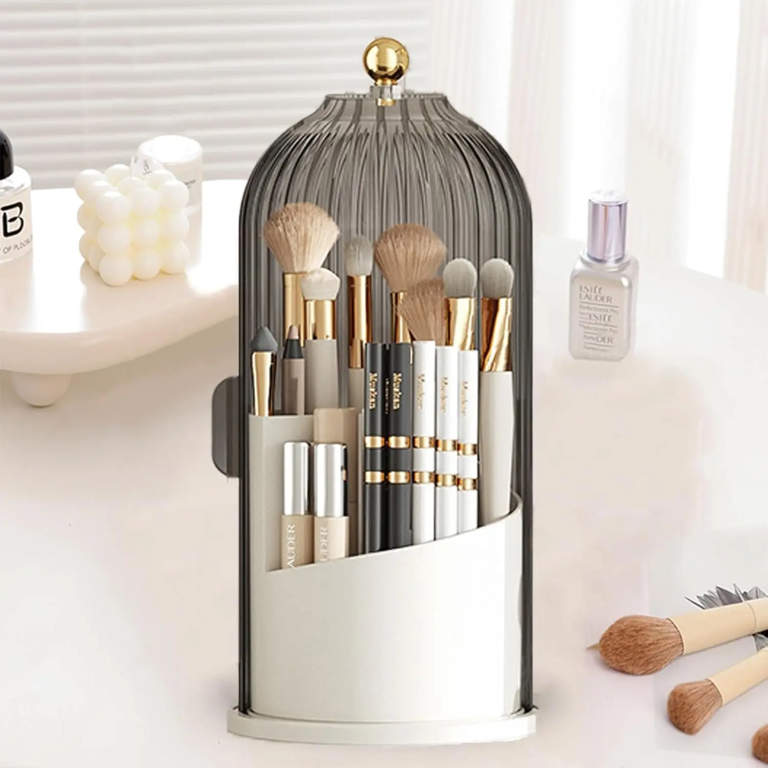 Kleoa ulop 360° Rotating Covered Vanity Organizer - Elegant Dustproof Makeup Brush & Toothbrush Holder with Clear Fluted Dome, Premium Desktop Countertop Storage