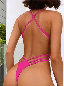 Women's Solid Criss Cross Backless One-piece Swimsuit, Casual Swimwear for Beach Holiday Vacation, Push Up Bathing Suit , Ladies Swimsuit for All Seasons,Cut-out Beachsuit ,Fashion Plain Sexy Beachwear.