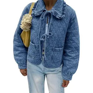 FMEYOA Womens Quilted Denim Puffer Jackets Tie Front Bow Cropped Puffy Jackets Fall Cute Short Jeans Coat