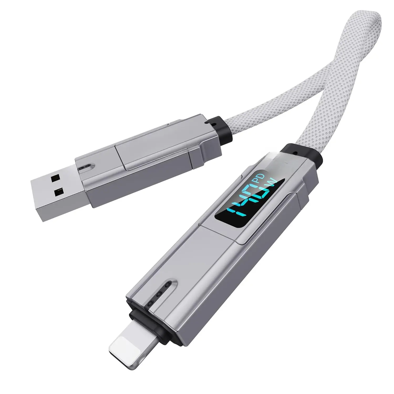 Multi Charging Cable Keychain Charger Cable with LED Display, 4-in-1 Multi USB C Fast Charging Combo Lightning/Type C/USB A/USBC for iPhone iPad MacBook AirPods Samsung Google (60W, 7.3 inchs)