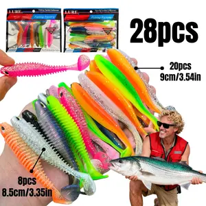 28pcs paddle-shaped lures, with realistic swimming action, attract hungry fish, sizes are 3.35 inches and 3.54 inches, featuring T-tail worms and curved hooks, used for catching bass.