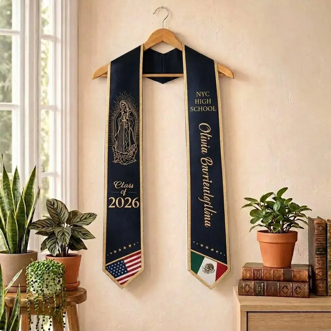 Mexico Graduation Stole 2026 – Floral Pattern Sash & Custom Name School Printed & Cultural Senior Graduation Gift