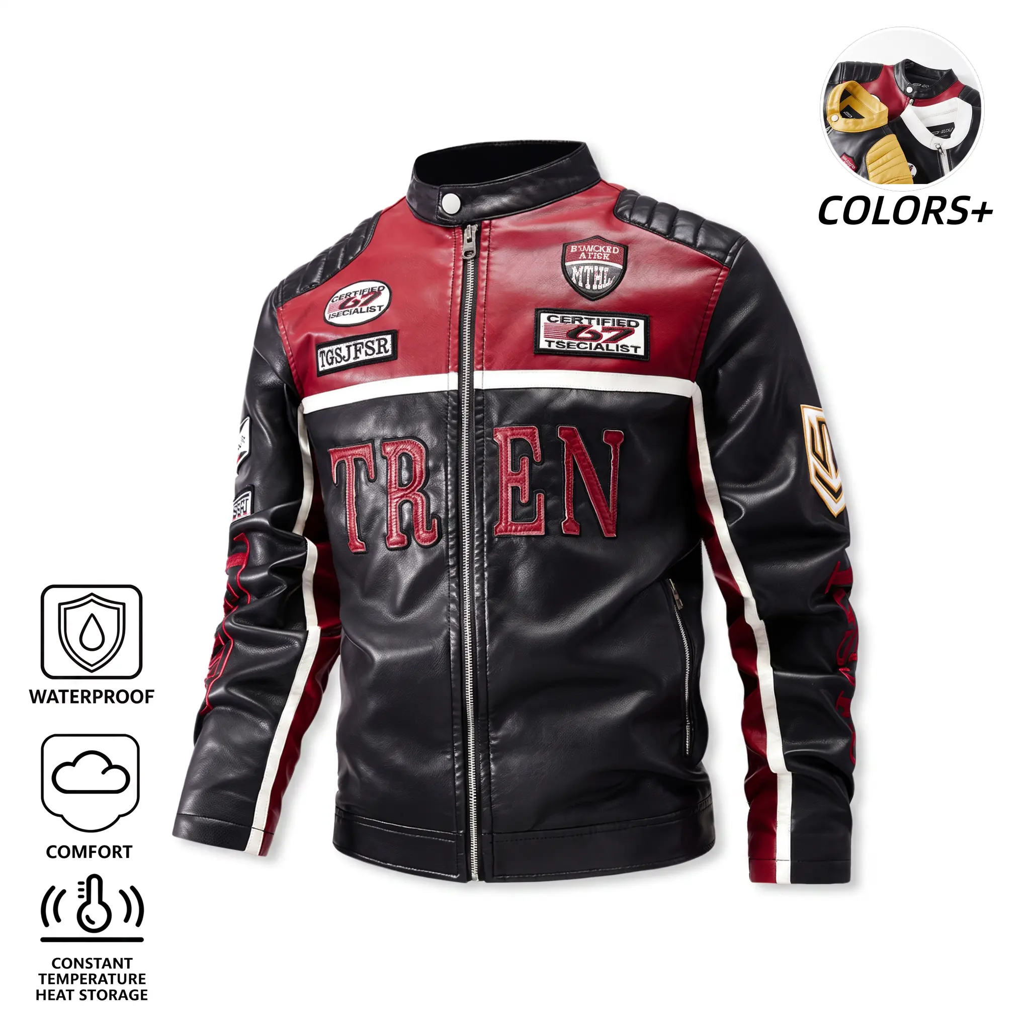 VALLEY STRING waterproof, comfortable jacket with thermal heat retention; men’s American motorcycle racing color‑block leather stand‑collar jacket; faux leather outerwear with embroidered badge stripes, windproof and waterproof.