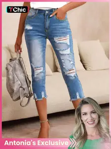 【Antonia's Exclusive】Women's Ripped Denim Capri Pants, Slim Fit Elastic Casual Jeans, Perfect for Daily Wear, Comfortable Summer Essential