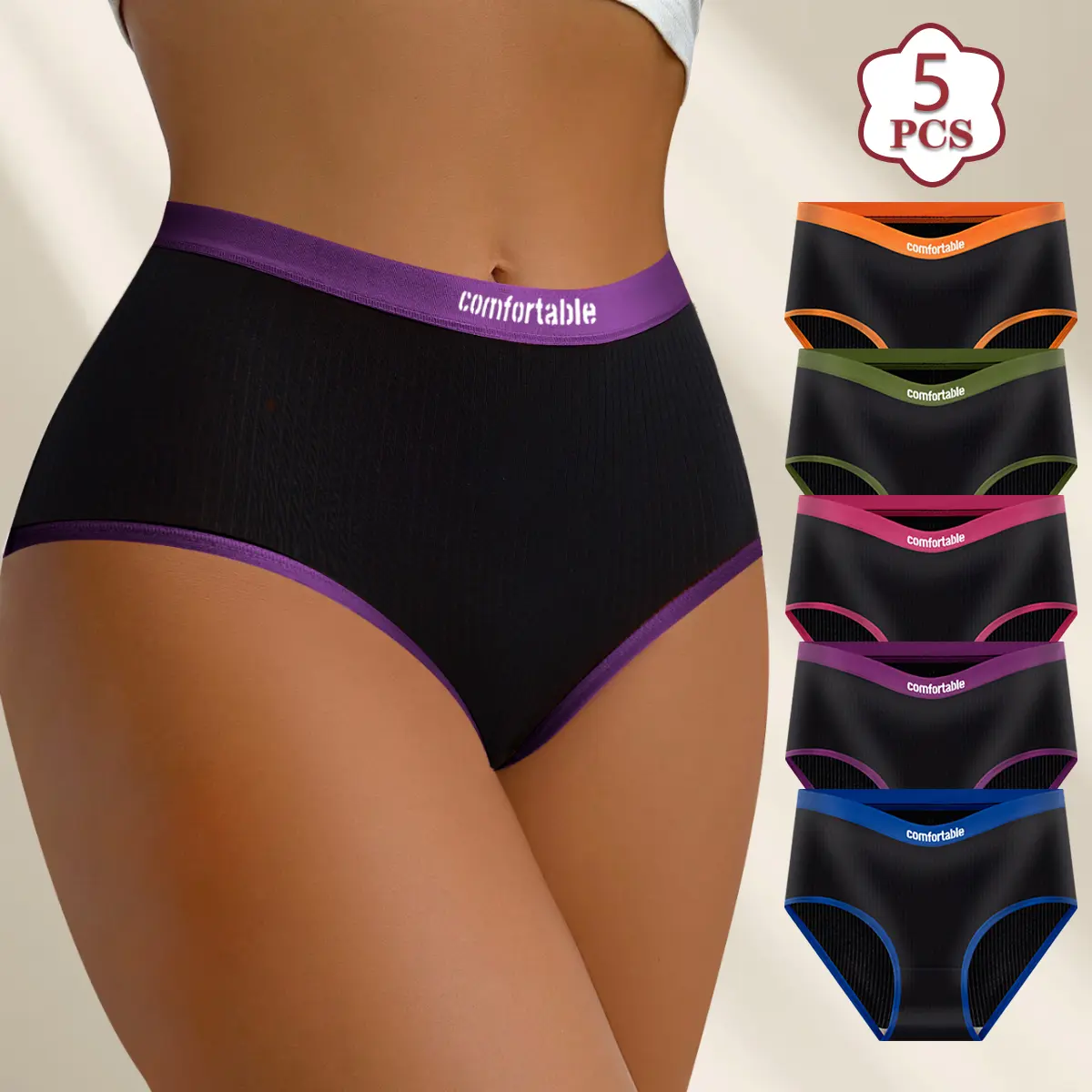5-Pack Women's High-Waisted Cotton Brief Panties, Cotton Soft Breathable High-Stretch Full Coverage Underwear, Contrast-Trim High Rise Briefs for All-Day Wear, Sleep, Home, Commute & Weekend