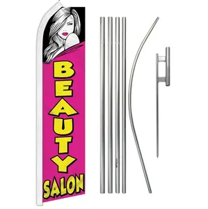 Large Size Beauty Salon Banner Flag & Pole Kit - Steel-Aluminium Interlock Poles, Steel, Outdoor Polyester Material, Unique Print, Wind Resistant for Home, Festive Supplies Backdrops