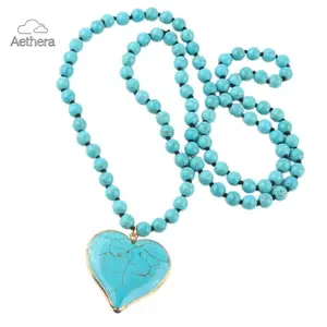 Women's Turquoise Heart Pendant Necklace Ethnic Bohemian Style Sweater Chain