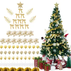 SUNNYGLADE 94 PCS Christmas Tree Ornaments Set with Glitter Poinsettia, Bows, Ribbons, Leaves & Assorted Decoration Ball for Xmas Tree Holiday Wedding Party Decorations