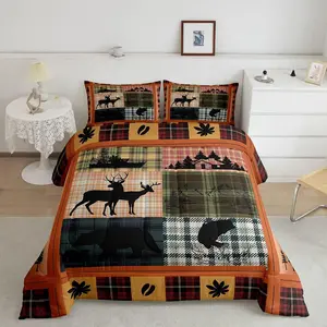 Buffalo Plaid Check Bedding Sets,Cabin Camping Decor Bear Elk Deer Comforter,Pink Orange Blue Patchwork Duvet Insert,Pike Fish Fishing Quilt