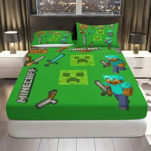 3Pcs Video Game Pixel Green Fitted Sheet Three Piece Set (1*Fitted Sheet+2*Pillowcases, Coreless), Neutral theme, Cozy Bedding Set, Mattress protector Soft, Breathable