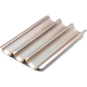 AMAGABELI GARDEN & HOME Nonstick French Baguette Pans for Baking 15"X11" Carbon Steel 3 Loaf Perforated Bread Tray Bake Mold Toast Cooking Oven Toaster Pan Cloche Waves Bakeware Golden