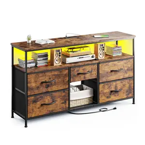 【Storage TV Stands】Raybee 30'' Height Dresser with 5 Drawer,Old School & Chill Vibe TV Stands with Cabinets for Living Room with LED & Charge Station(2 USB Ports & 2 Power Outlets), Match 50 Inches TV,Combining Aesthetics with Practicality