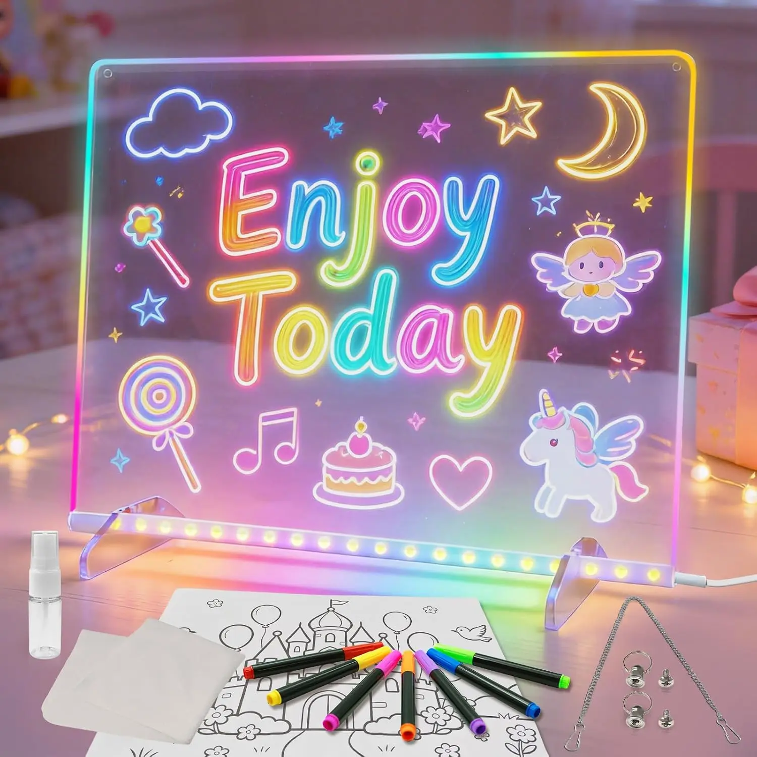 Illuminated Reusable Acrylic Message Board - 13"X10" LED Dry Erase Board for Presentation with Neon Colors & Modes, Include Markers, Adapter, Hanging Chain, Stand, Spray Bottle & Cloth - Office Stationery & Supplies- Christmas & Halloween Gift for kids