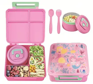 Bento Lunch Box for Kids with 4 Compartment,Kids Leakproof Lunch Food Containers with 8.5oz Soup Thermo, Blue&Pink Nylon Insulated Lunch Bag Adjustable Strap for Teens School Travel Picnic
