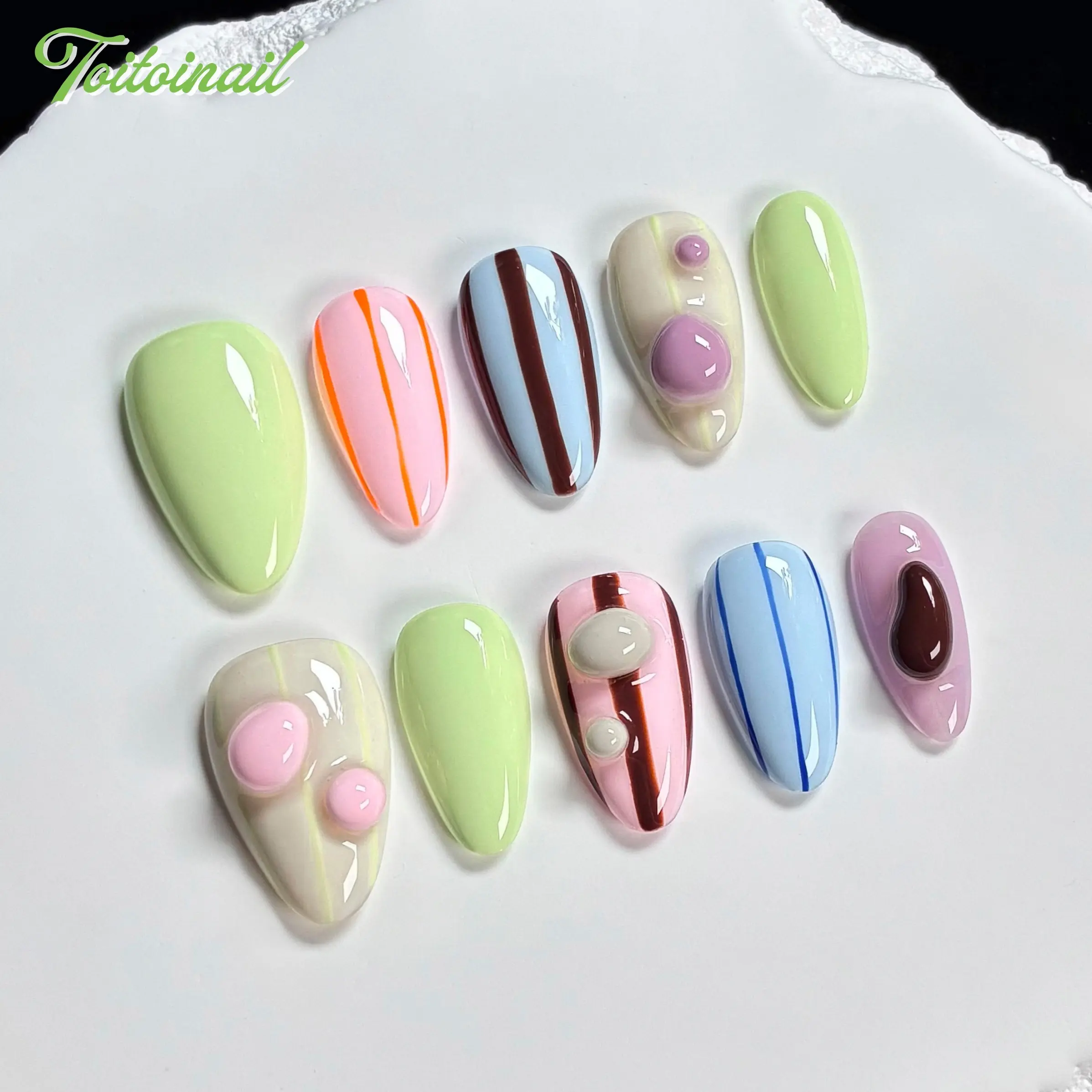 Bean Stripe Handmade Press-On Nails, Nail Set | Short Almond Shape, 10pcs | Pastel Color Block 3D Bead Stripe | Summer Dopamine Aesthetic | For Daily, Picnic, OOTD | High Gloss, Long Lasting, Reusable, Handmade DIY Nail Art | Salon Quality Nails
