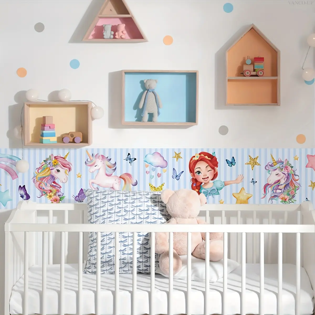 A (15*90cm) creative hand-painted blue striped unicorn girl's waistline wall sticker for living room, bedroom, princess room decoration background, a dreamy wall sticker (BM7552-NL)