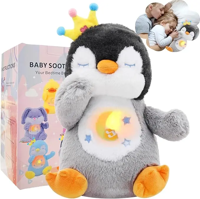 Emoin Electronic Interactive Stuffed Penguin Plush Toy - Stuffed Animals Sleep Companion with Rhythmic Breathing, Lights, Music, Volume Control, Machine Washable for Kids (Baby Entertainment Included)