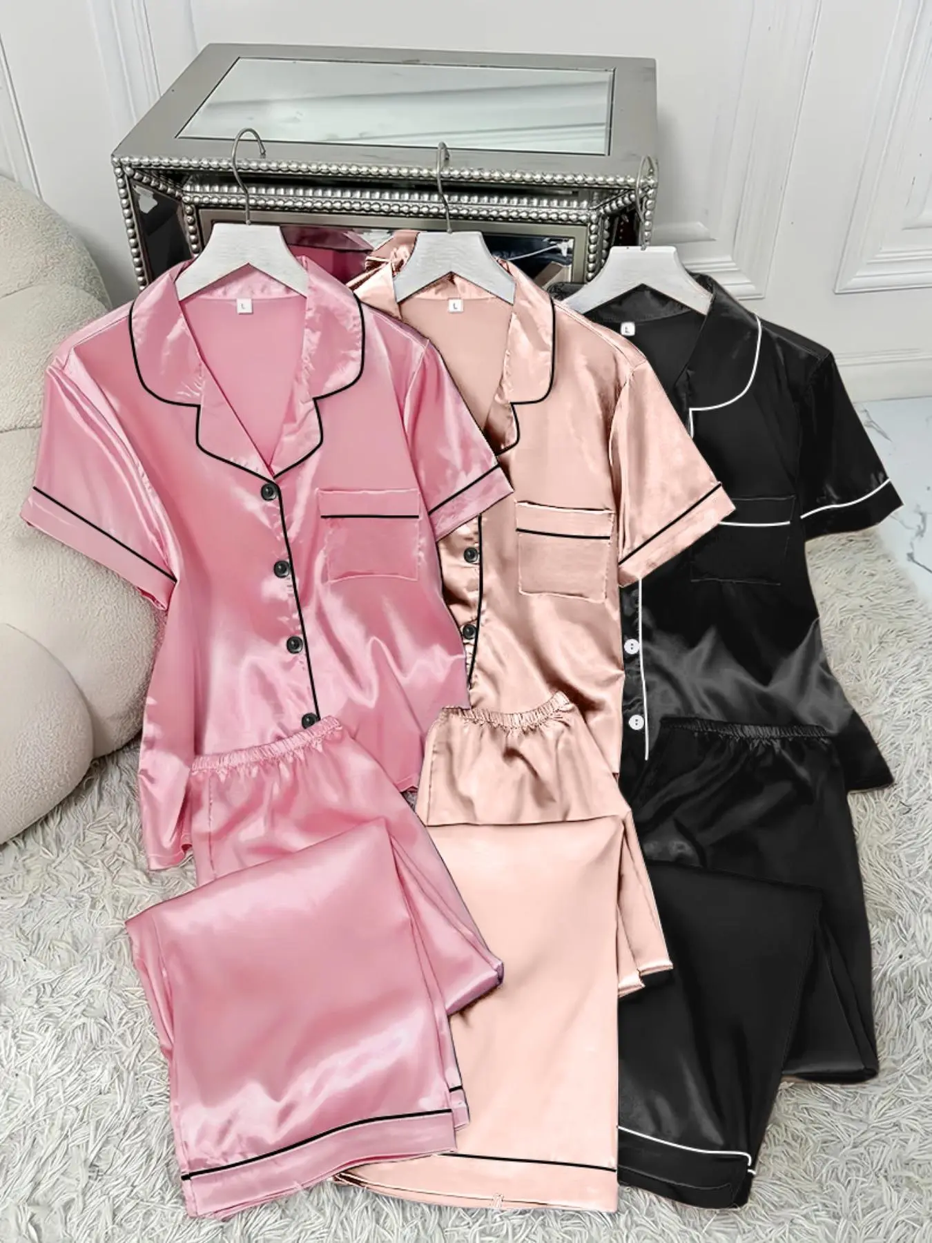Women's Contrast Binding Lapel Shirt & Elastic Waist Pants Satin Pyjama Set, Casual Comfy Short Sleeve Pocket Button Up Top & Elastic Waist Long Trousers PJ Set, Ladies Sleepwear for All Seasons, Loungewear, Homewear, Pajamas