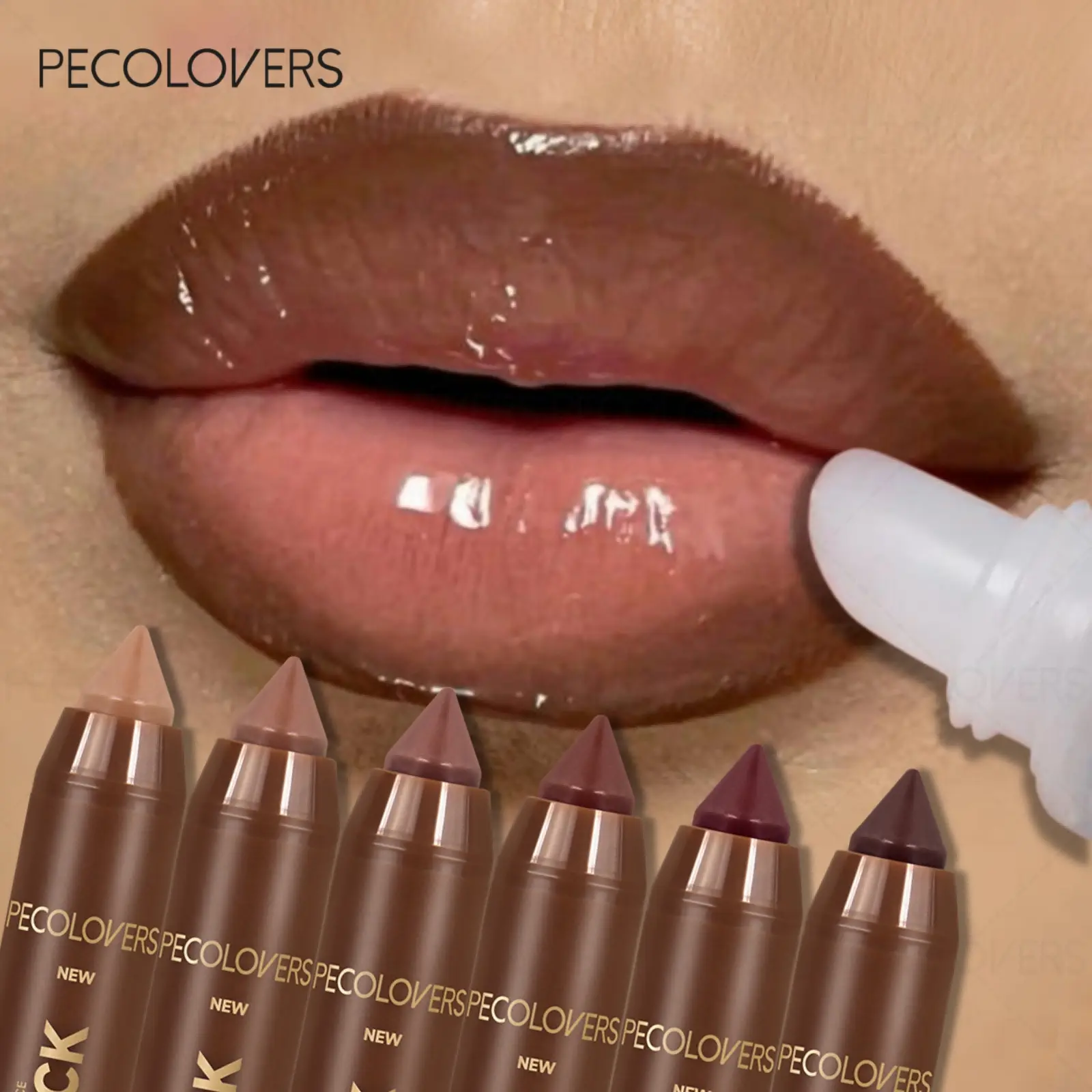 7pcs/set Lip Makeup, 1pc Transparent Lip Oil Kit & 6pcs Brown Lip Liner Lipstick Plumping Shimmer Natural Nude Tinted Lip Glow Oil Hydrating Moisturizing Long Lasting High Shine Glowy Lip Gloss