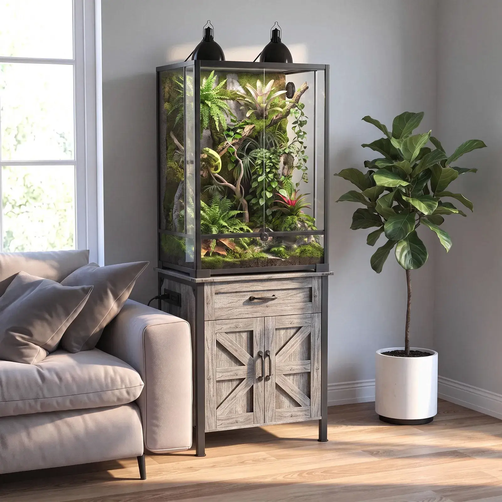VOWNER 24" x 18" Terrarium Stand with Power Outlet, Farmhouse Reptile Tank Stand with Drawer and Storage Cabinet, Suitable for 20, 34, 45 and 67 Gallon Reptile Terrarium (Not included))
