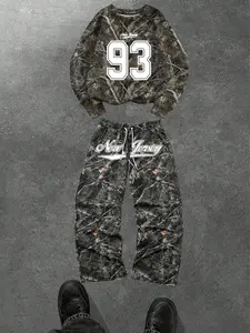 Unisex Camouflage Print Round Neck Sweater and Sweatpants Set, Fashion Street Style, Casual Fitted, Spring & Fall Wear